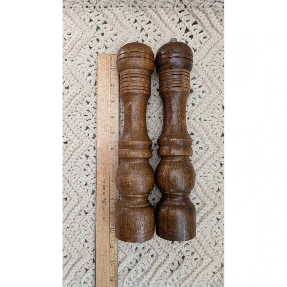 Vintage MCM Wooden Salt & Pepper Mill Set Dark Brown Tall Turned Wood 10.5 Inch